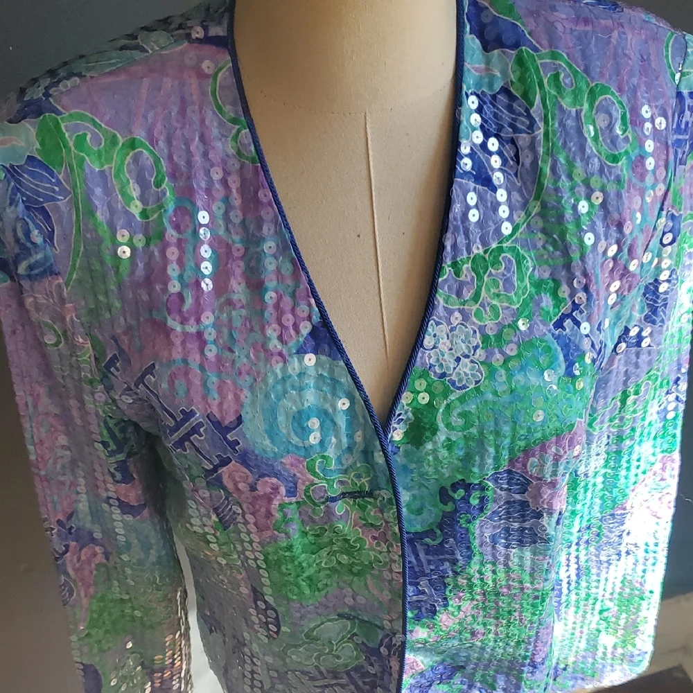 Vtg Sequin-Embellished Lavender & Aqua Women's Blazer - Picture 3 of 17